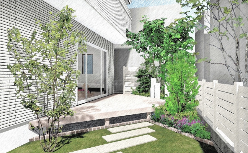 ホワイト基調のエレガントなエクステリアプラン デッキ周り ホワイト基調のエレガントなエクステリアプラン デッキ周り