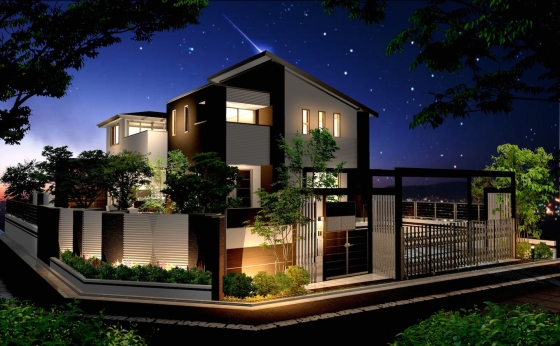 モダンスタイルのクローズドエクステリアプラン 夜景全景 モダンスタイルのクローズドエクステリアプラン 夜景全景