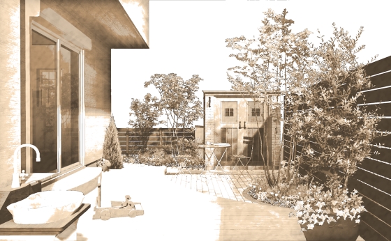 高低差のあるプロヴァンス風セミオープンスタイルプラン:家族のためのガーデンスペース 高低差のあるプロヴァンス風セミオープンスタイルプラン:家族のためのガーデンスペース