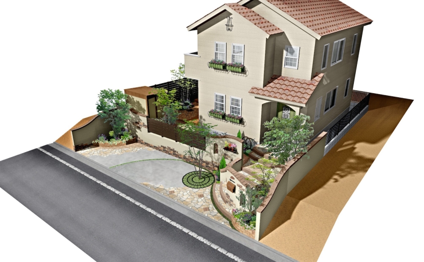 高低差のあるプロヴァンス風セミオープンスタイルプラン:鳥瞰 高低差のあるプロヴァンス風セミオープンスタイルプラン:鳥瞰