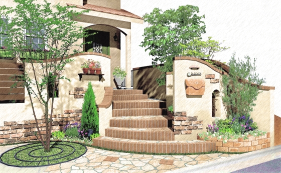 高低差のあるプロヴァンス風セミオープンスタイルプラン:門周り 高低差のあるプロヴァンス風セミオープンスタイルプラン:門周り